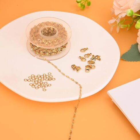 LOPROME 33 قدمًا سلاسل رابط الكابل من الفولاذ المقاوم للصدأ لصنع المجوهرات ، وسلسلة من الفولاذ المقاوم للصدأ مقاس 18 ألفًا مع مشابك جراد البحر وحلقات القفز لسلالة القلادة. in Kuwait