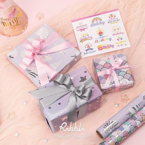 Ribbli Mermaid Scale Scallop Birthday Wrapping Paper 3 Rolls Pink and Lavender Purple Mermaid Wrapping Paper for Girls- Mini Roll 17 inch x 120 inch(10feet) Per Roll in Saudi Arabia