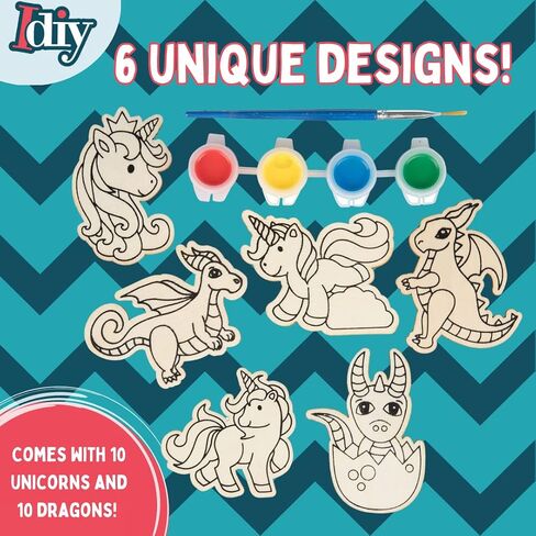 SCS Direct Kids Party Wood Painting Craft Kits (20ct) -Unicorns & Dragons- Each Kit Has its Own Brush, Paint, & Figure- Unique Birthday Party Activity, Favors or Classroom School Activity Gift in Saudi Arabia