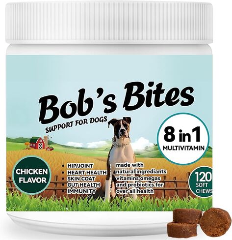 Bob’s Bites Dog Multivitamin Treats - الفيتامينات والمكملات الغذائية ، وصحة المفاصل والورك - البروبيوتيك وأوميغاس لدعم الجلد والقلب والأمعاء - 120 مكمل نكهة الدجاج الناعمة لكبار وجرو جرو in Saudi Arabia