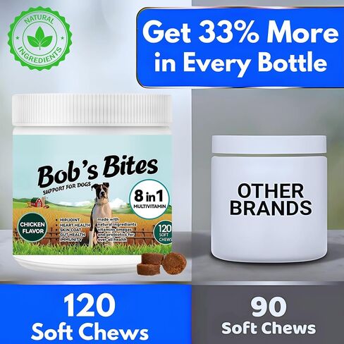 Bob’s Bites Dog Multivitamin Treats - الفيتامينات والمكملات الغذائية ، وصحة المفاصل والورك - البروبيوتيك وأوميغاس لدعم الجلد والقلب والأمعاء - 120 مكمل نكهة الدجاج الناعمة لكبار وجرو جرو in Saudi Arabia