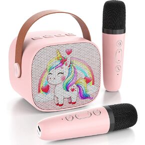 Mini Karaoke Machine, Mini Karaoke Machine with 2 Wireless Microphones, Portable Bluetooth Karaoke Speaker with Voice Changer, Kids Karaoke Machine for Girls Ages 3-14, Pink