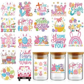 Happy Easter UV DTF Decals - 20 Sheets Spring Bunny Easter Eggs Uvdtf Cup Wraps for 16 oz Glass Water Bottle, Cute Rabbit Truck Gnome Rub on Transfer Stickers DIY Coffee Mug Craft Decal Decor for Girl