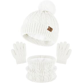 Glooarm Kids Winter Hat Gloves Scarf Set, Girls Toddler Winter Beanie Hat with Pom Knit Neck Warmer Gloves Fleece Lined Set