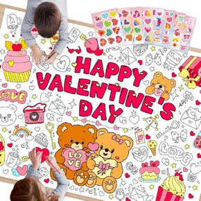 SICOHOME Valentines Coloring Tablecloth - 46x33 inch Valentines Day Crafts for Kids Giant Coloring Poster with 91 PCS Valentines Stickers Coloring Table Cover Valentines Day Gifts for Kids Classroom