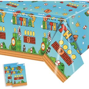 2Pcs Super Brothers Adventure Party Tablecloths 108 x 54 inches Video Game Plastic Table Cloth Fits for Mario Theme Boy Birthday Party Decoration Disposable Tablecovers Decor Supplies