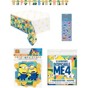 Despicable Me Birthday Party Supplies Decoration Bundle Pack includes 1 Plastic Table Cover, 1 Happy Birthday Banner, 1 Dinosaur Sticker Sheet