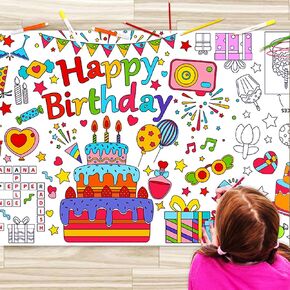 BAOXUE Happy Birthday Coloring Table Cloth for Kids, 72 * 31Inch Giant Coloring Poster, Large Coloring Paper Roll for Party Activities,Coloring Game,Birthday Party Games,Birthday Crafts