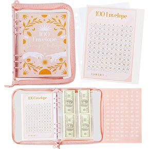 100 Envelopes Money Saving Challenge A5 Binder | Budget Savings Cash Challenges Book Planner with Tracker Card and Number Stickers $5050 - Glitter PVC Binder (Pink - Clear)