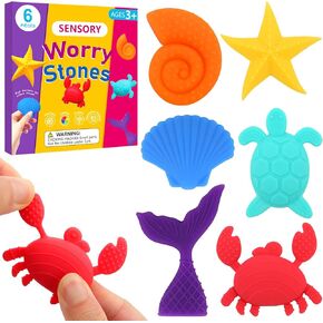 Fidget Toys for Kids 8-12, 6 Pack Anxiety Relief Items Sensory Toys Worry Stone for Teens Adults Autism Quiet ADHD Tool Sea Theme Small Textured Toys Gift Classroom Prizes