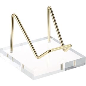 Hipiwe Metal Display Stand with Acrylic Base, Gold Business Card Holder Stand Small Rock Easel Stand for Fossil Coral, Mineral Rocks, Geodes, Agate Small Collectibles