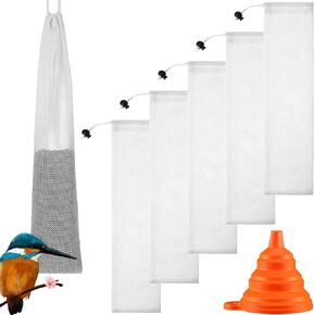 5 Piece Thistle Seed Feeder Set Mesh Socks with Folding Food Funnel for Finches for Garden Yard Outdoor(4 x 15 Inch)