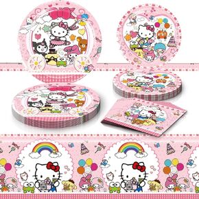 مستلزمات حفلة عيد ميلاد كيتي ، 20 لوحة ، 20 مناديلًا و 1 Tablecover للبنات زخارف حفلات Kitty