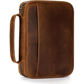 Genuine Leather Bible Cover Cowhide Bible Case for Men Women Church Bag Protective Book Holder with Double Zippers Full Grain Leather Portfolio Organizer Bible Carrying Case with Handle