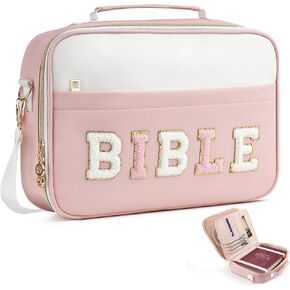 Bible Cover Case for Women,Large Chenille Bible Cover, Church Bible Bag with Adjustable Shoulder Strap,Bible Carrying Tote Bags Gift for Teen Girls (Pink)