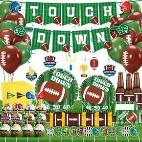 168 Pcs SuperBowl Party Decorations, 2025 Football Party Decorations, Includes Tablecloth, Plates, Napkin, Balloons and Touchdown Banner for Football Birthday Party Gameday Decor