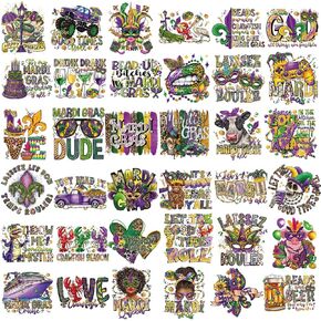 36 Sheets Vintage Mardi Gras Iron on Stickers Masquerade Mask Clown Heat Transfer Decals Retro Printed HTV Crafts Vinyl for Clothing T-Shirts Fabric DIY