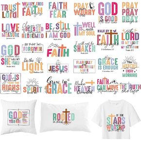 Christian Iron on Transfer, 30 PCS DTF Transfer Ready to Press Iron on Patch Applique Decals, Bible Verse Heat Transfer Vinyl for T-Shirts Bag Clothing DIY Crafts
