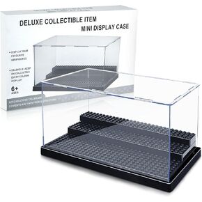 Display Case for Minifigure Action Figures Blocks, Acrylic Display Box Storage, Clear Mini Figure Display Shelves with 3 Movable Steps Display Shelf Gift Collection Models Minifigures, Black