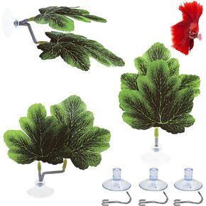 Fish Leaf Pad Betta Leaf Hammocks with Suction Cup 3pcs Fish Tank Accessories Aquarium Decor Plastic Plants Natural Habitat Spawning Breeding Resting Bed Multi Leaf Design (Yellow)