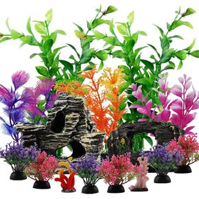 Fish Tank Decorations Plants with Resin Broken Barrel and Cave Rock View, 15pcs Aquarium Decorations Plants Plastic,Fish Tank Accessories, Fish Cave and Hideout Ornaments, Aquarium Decor