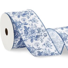 AnyDesign Floral Wired Edge Ribbon Blue Flower Craft Ribbon Chinoiserie Decorative Fabric Ribbon for DIY Crafts Wreath Bow Making, 12 Yards