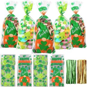 DIYASY St. Patrick's Day Cellophane Candy Bags,160 Pcs Treat Bags Shamrock and Leprechaun Hat Goodie Bags with 200 Twist Ties for Irish Day Party Favor