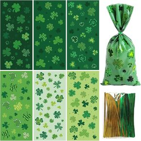 FINGOOO 180 Pcs St Patrick's Day Cellophane Candy Bags, Shamrock Green Cellophane Treat Bags Plastic Goodie Bags for Irish Holiday Party Favor Supplies