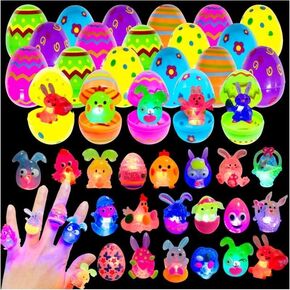 24 Pack Prefilled Easter Eggs with 3D Finger Lights Up Rings Toys Grow in the Dark Great for Kids Girls Boys Easter Basket Stuffers Eggs Fillers