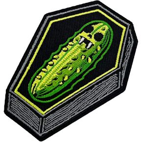 Funny Gothic Vampire Pickle Resting in a Black Coffin Embroidered Iron On Patch, Pickle Gifts, Horror Film Gifts
