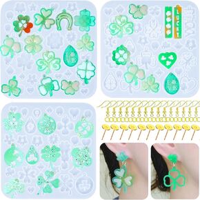 3 Pack St. Patrick's Day Resin Earring Molds Shamrock Earring Silicone Molds Irish Four-Leaf Clover Casting Epoxy Earring Resin Molds with 150 Earring Hook Kit for DIY Crafts Jewelry Making Keychains
