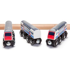 inc. Double Decker Wooden Train Set of 2 Engines & 1 Passenger Car, Multi-Level Commuter Transit Toy, Compatible with Thomas & Friends, BRIO, Other Major Brand Railways
