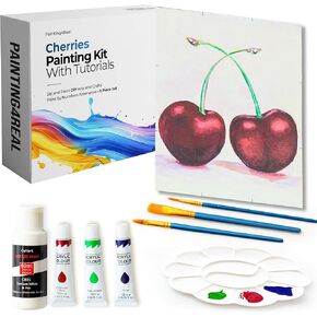 Painting4 REAL DIY مجموعات للبالغين والأطفال مع دروس الفيديو: تعلم أن ترسم الكرز - كيفية الطلاء باستخدام طقم الطلاء الأكريليك - طقم اللوحة والفنون - 9 قطعة مجموعة الطلاء الاكريليك