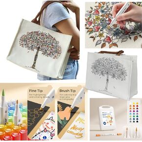YUNYEUNG Color Your Own Tote Bag Craft Kits for Adults, Includes Canvas Tote & 24 Acrylic Markers – DIY Painting & Art Kit for Women