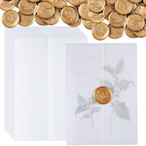 Pre-Folded Vellum Jackets Set Translucent Vellum Paper for 5 x 7'' Invitations Wedding Invitation Wraps Adhesive Wax Seal Stickers Envelope Seals for Birthday Wedding Baby Shower (100 Pack)