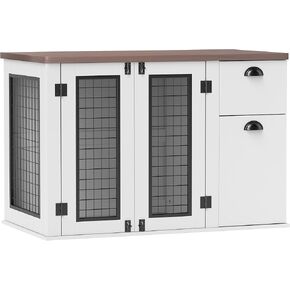 PawHut Dog Crate Furniture, 44" Dog Kennel Furniture End Table with Double Door, Storage, Drawer, Indoor Furniture Style Dog Cage for Medium Dogs, White