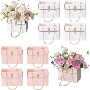 8PCS Flower Paper Gift Bag, Bouquet Storage Bucket Florist Handbag with Metal Chain, Gift Craft Wrap Bag for Wedding Party Valentine's Day Birthday Mother's Day Bridal Shower Gift Wrap Bags (Pink White)