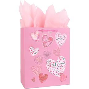 12.6" Large Gift Bag with Tissue Paper, Gift Bag with Love Design for Valentine’s Day, Mother’s Day, Anniversary, Sweetest Day and More. (Scattered Hearts)