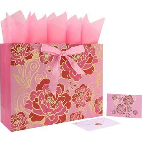 16.5" Extra Large Rose Pink Gift Bag Set with Greeting Card and Tissue Paper(Foil Traced Flowers) for Celebrating Birthdays, Mother's Day, Weddings, Anniversary, Valentine's Day - 16.5"x5.5"x12.6", 1 Pcs.