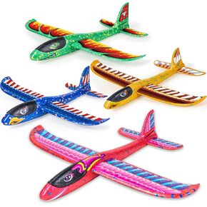 4 Pack Airplane Flying Toys, Throwing Foam Glider Plane Toys for 3-5 4-7 8-10 Year Old Kids, 2 Flight Modes Airplanes Kits with DIY Stickers, Outdoor Sport Toys Boys Girls Birthday Party Favors Gift