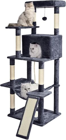 Cat Tree Tower 63in Multi-Level Cat Tower for Indoor Cats with Sisal Scratching Posts, Condo, Hammock, Dangling Ball and Extended Platform for Cats to Play, Black in Kuwait
