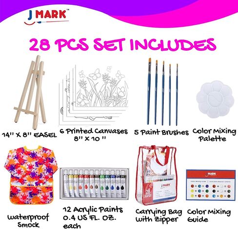 J MARK Pain Set for Kids – Acrylic Kids Painting Kit with Storage Bag, Washable Paints, Easel, Canvases, Brushes and More, Complete Kids Painting Set in Kuwait