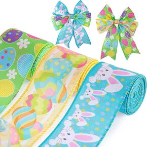 Easter Wired Edge Ribbon 3 Rolls 15 Yards Egg Bunny Printed Ribbons Wrapping Fabric Spring Colorful Craft for Easter Party Holiday DIY Decor Supplies, 2.5 Inches