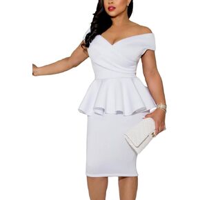 SEBOWEL Women Ruffle Peplum Bodycon Midi Dress Pencil Business Office Work Dress Elegant Wrap V Neck Club Evening Party Dress
