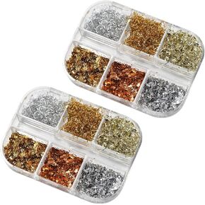 2 Boxes 6 Grids Metallic Foil Flakes Imitation Gold Foil Flakes Nail Art Foil Flakes Glitter Flakes Nail Foil Glitters Foiled Flakes for Nail Art Resin Art Jewelry Making Painting DIY Crafts