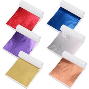 600 Pieces Gold Leaf Sheets, Imitation Gold Leaf Paper, Multi-Color Silver Leaf Paper for DIY Arts Decoration, 6 Colors 5.5 by 5.5 Inches