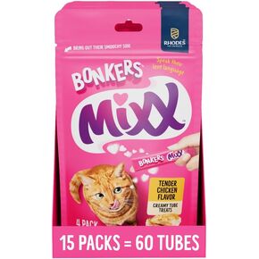 Bonkers Mixx, Wet Lickable Tube Tender Chicken Flavored Cat Treats, Cat Treats, Treats for Training, for All Breeds and Ages, Food Topper (15 Pack, 60 Tubes)