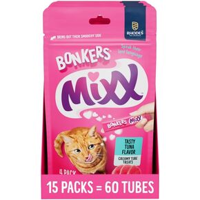 Bonkers Mixx, Wet Lickable Tube Tasty Tuna Flavored Cat Treats, Cat Treats, Treats for Training, for All Breeds and Ages, Food Topper (15 Pack, 60 Tubes)