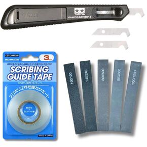 Plastic Scriber II 74091 &HiQparts Guide Tape for Sujibori 0.1 inch (3 mm) (98.4 ft (30 m) Roll) & Sanding Sticks Set #120・#240・#600・#800・#1000