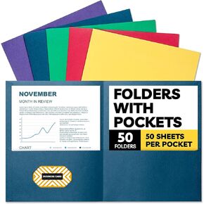 Folders with Pockets - (50 Pack), 8.5 x 11 Letter Size, 5 Bright Colors, Two Pocket Folders - Ideal for Easy and Efficient Document Organization